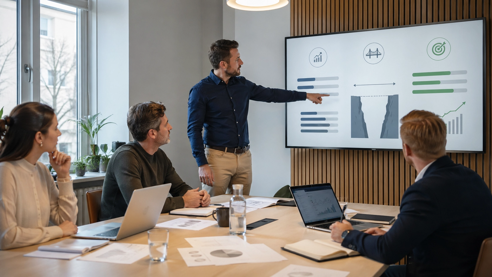 Mennesker i et mødelokale som snakker om gap analyse